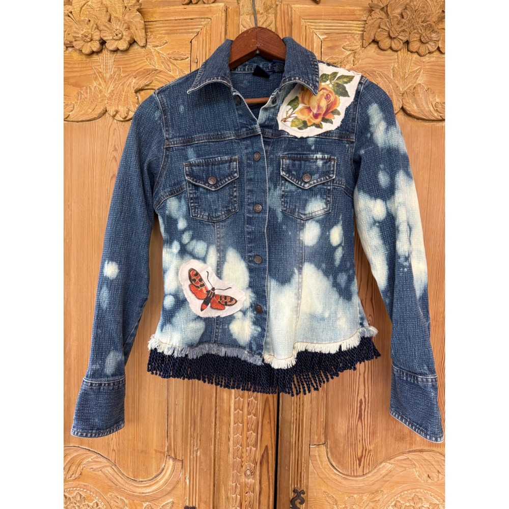Upcycled Butterfly Jean Jacket | Bleached Fringe Denim | Size S - Picture 10 of 11